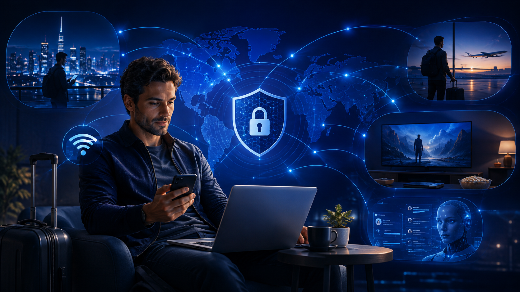 Traveller using a laptop and phone beside a global network, security shield, travel, streaming and AI scenes