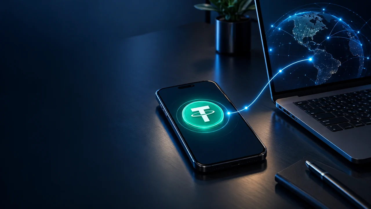 Smartphone displaying a Tether symbol beside a laptop with a network globe.