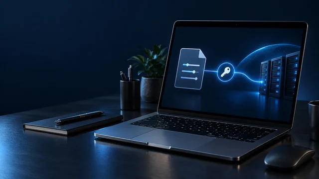 Laptop showing an abstract configuration profile connected to VPN servers.