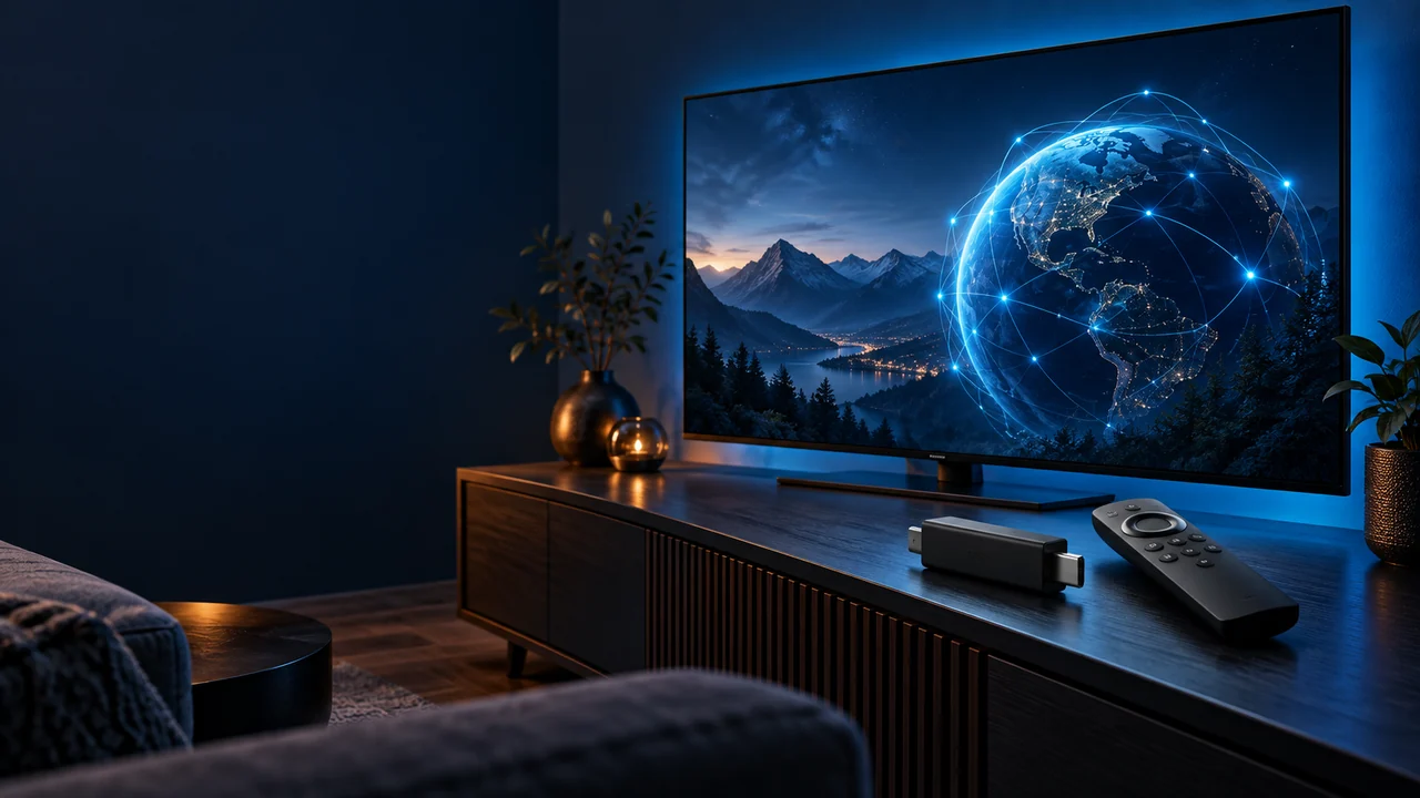 Television with a network illustration, streaming device and remote control.