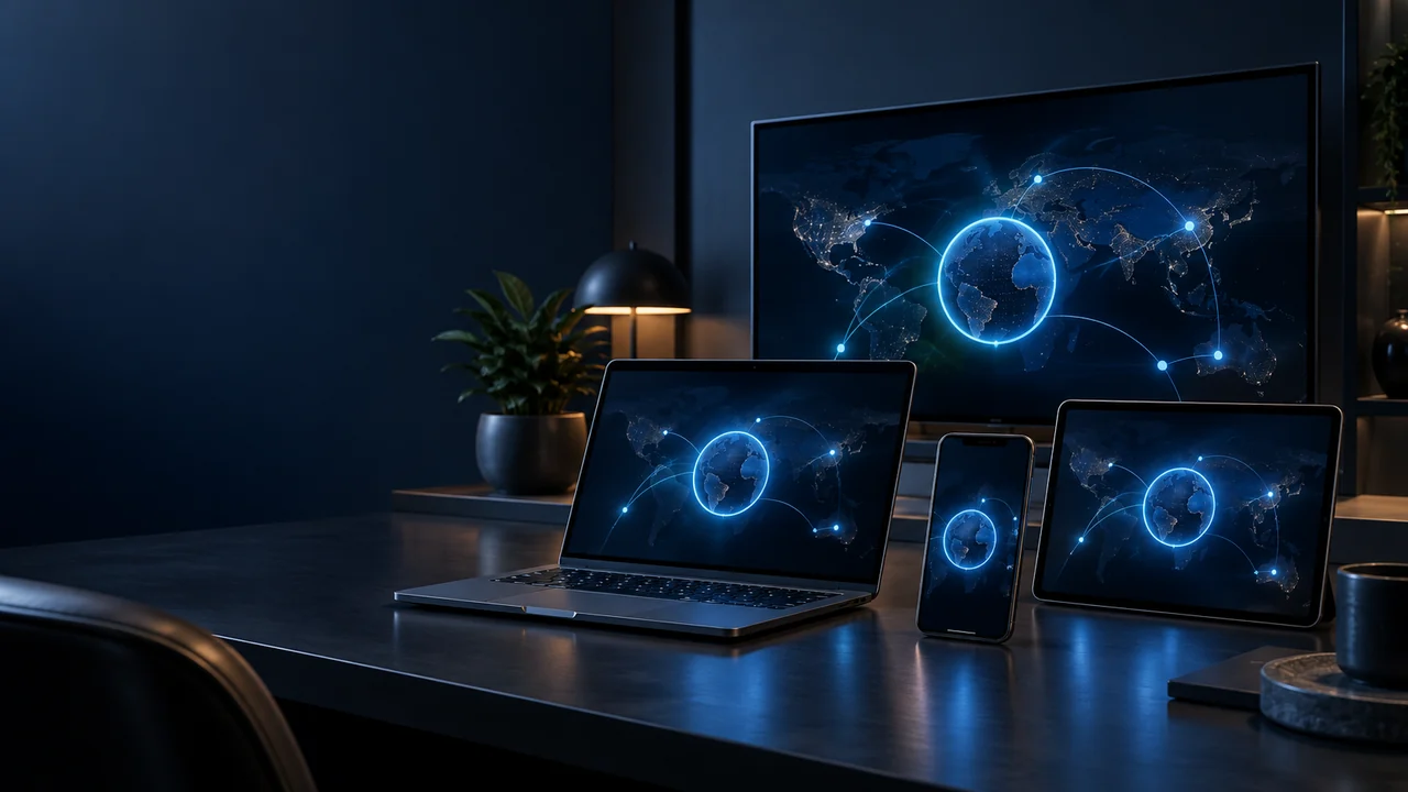 Illustration of computers, a phone and a television connected to a shared network.