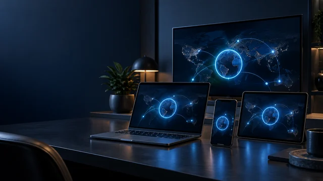 Illustration of computers, a phone and a television connected to a shared network.