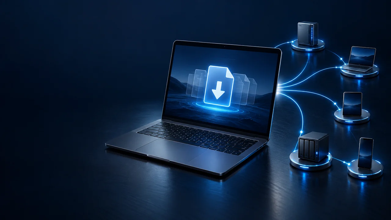 Laptop with a download symbol linked to several peer devices.