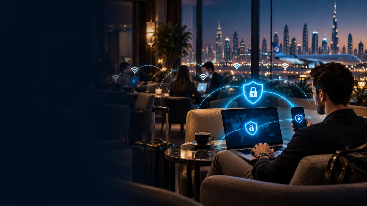 Traveller using a laptop and phone on shared airport Wi-Fi with an illustrated VPN shield