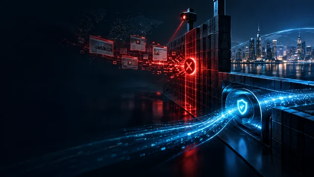 Illustrated blue VPN tunnel passing through a firewall beside blocked red traffic