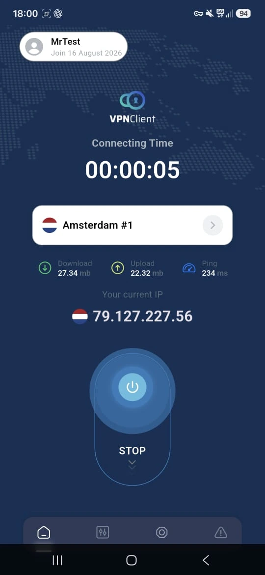 VPNClient Android connected screen