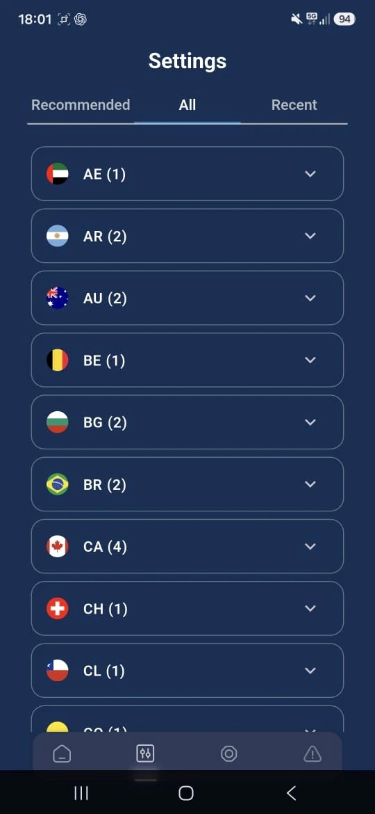 VPNClient Android server location list