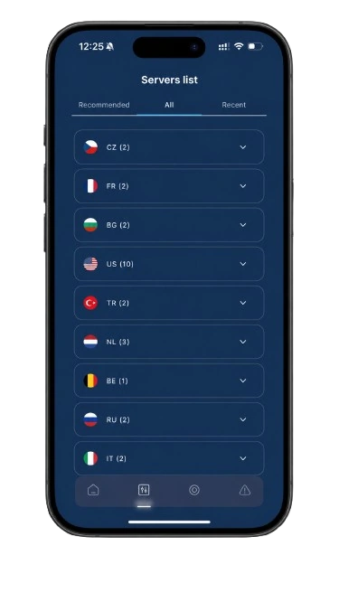 Illustrative VPNClient server list on iPhone