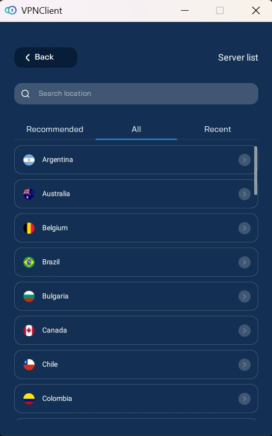 VPNClient Windows server location list