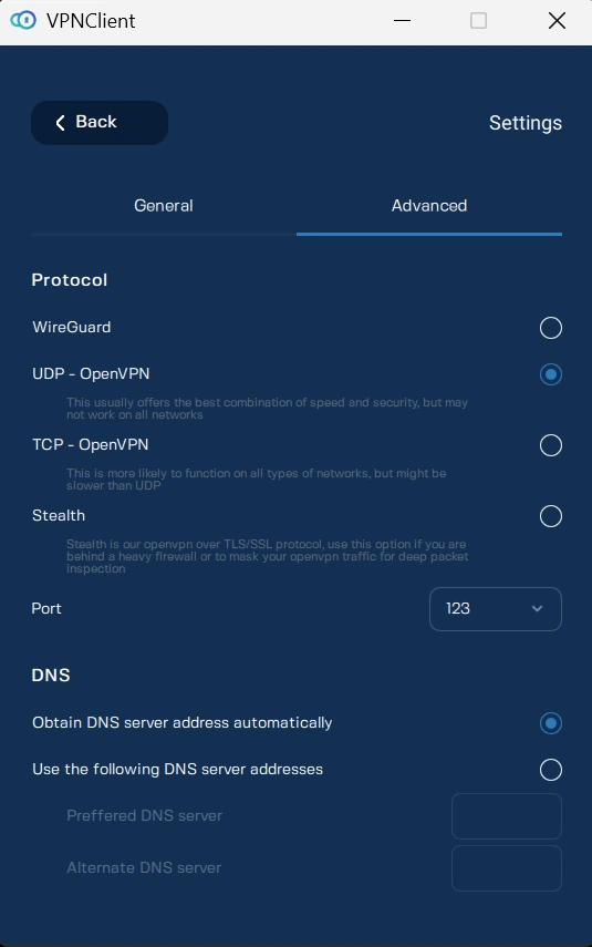 VPNClient Windows Advanced protocol settings