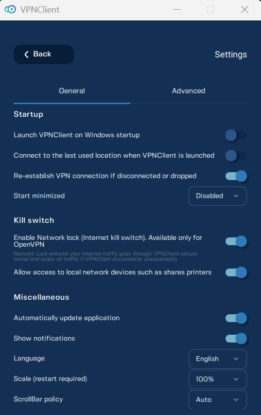 VPNClient Windows General settings