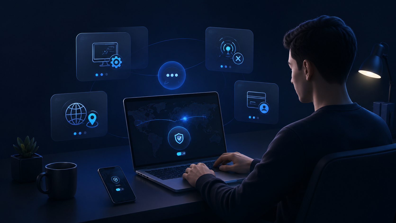 Customer using a laptop and phone with VPN connection, server, account and troubleshooting symbols