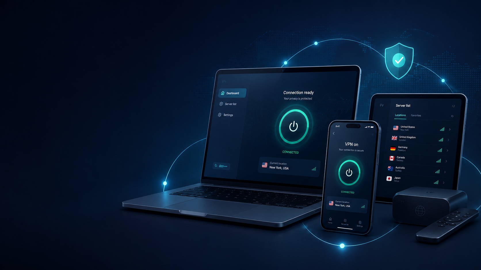 VPN setup across laptop, phone, tablet and supported connected devices
